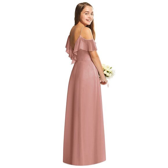 NWT Dessy Collection Cold Shoulder Chiffon Flower Girl Dress Desert Rose - Picture 2 of 13